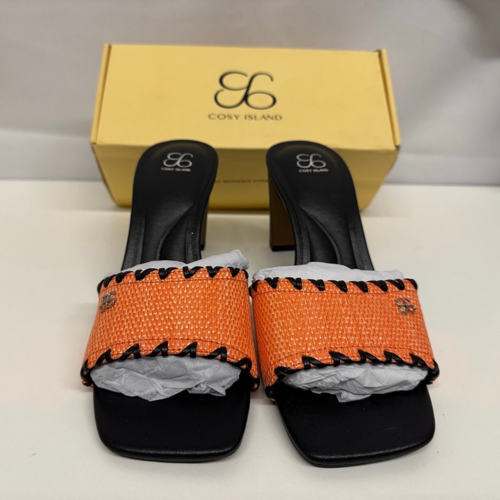 Cosy Island Natural Weave Square Toe Heeled Sandals, women’s size 7.5 NEW
